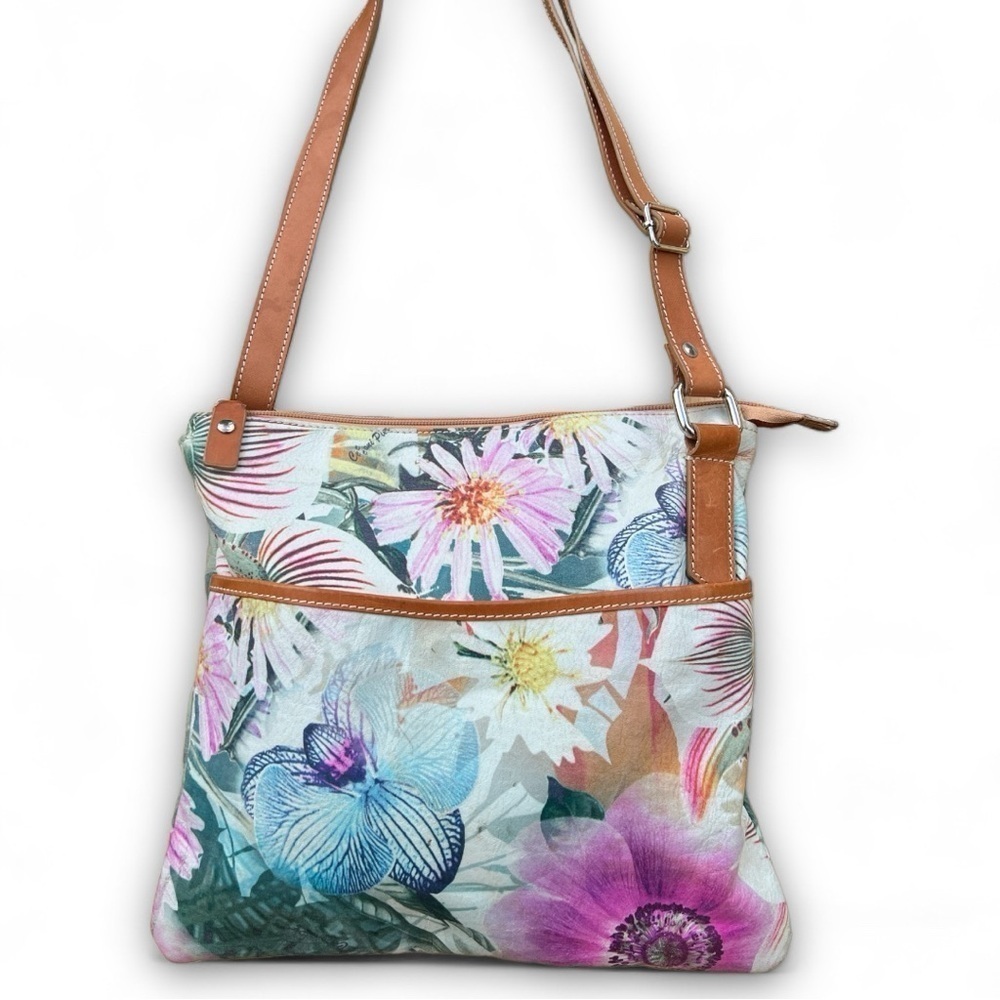CECCONI PIERO Italian Leather Purple Floral Orchid Purse With Adjustable Strap
